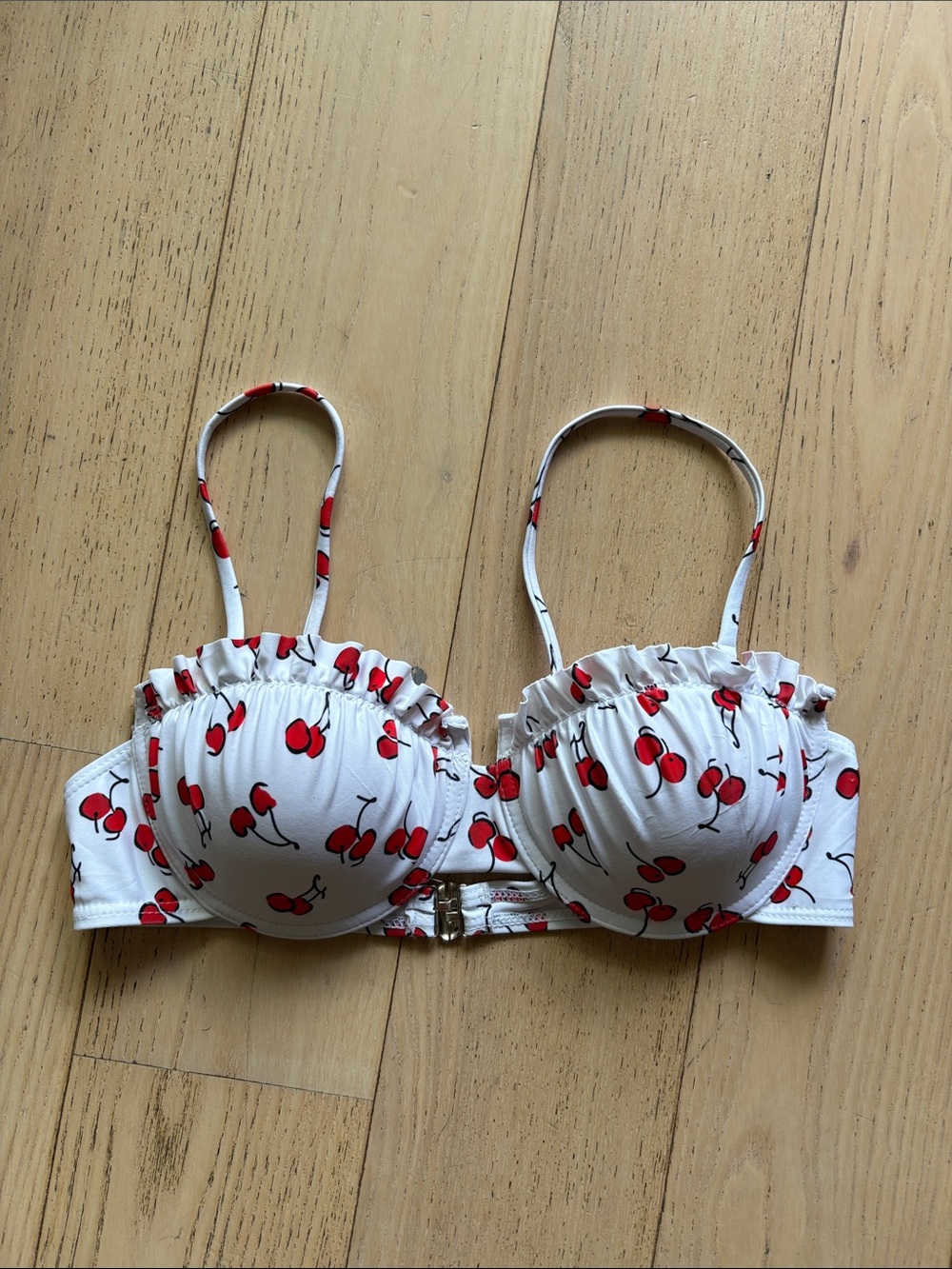 White Cherry Print Ruffled Bikini Top